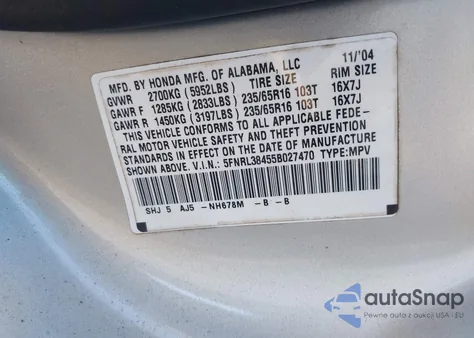 2005 Honda Odyssey Ex from USA, damaged, VIN 5FNRL38455B027470